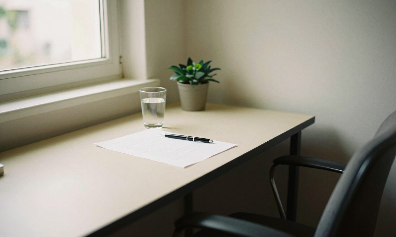 A consulting desk with a pen resting on a blank sheet of paper and a chair drawn up on the far side