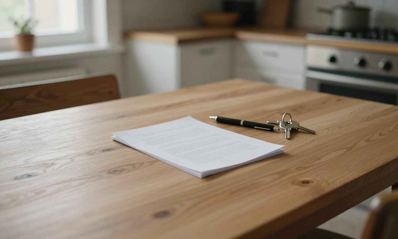 A folded document and a pen on a kitchen table in a client's home, in morning light