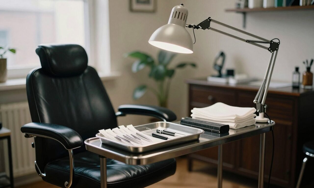 A tattoo studio workstation with a client chair, a tray of wrapped sterile equipment, and a lamp