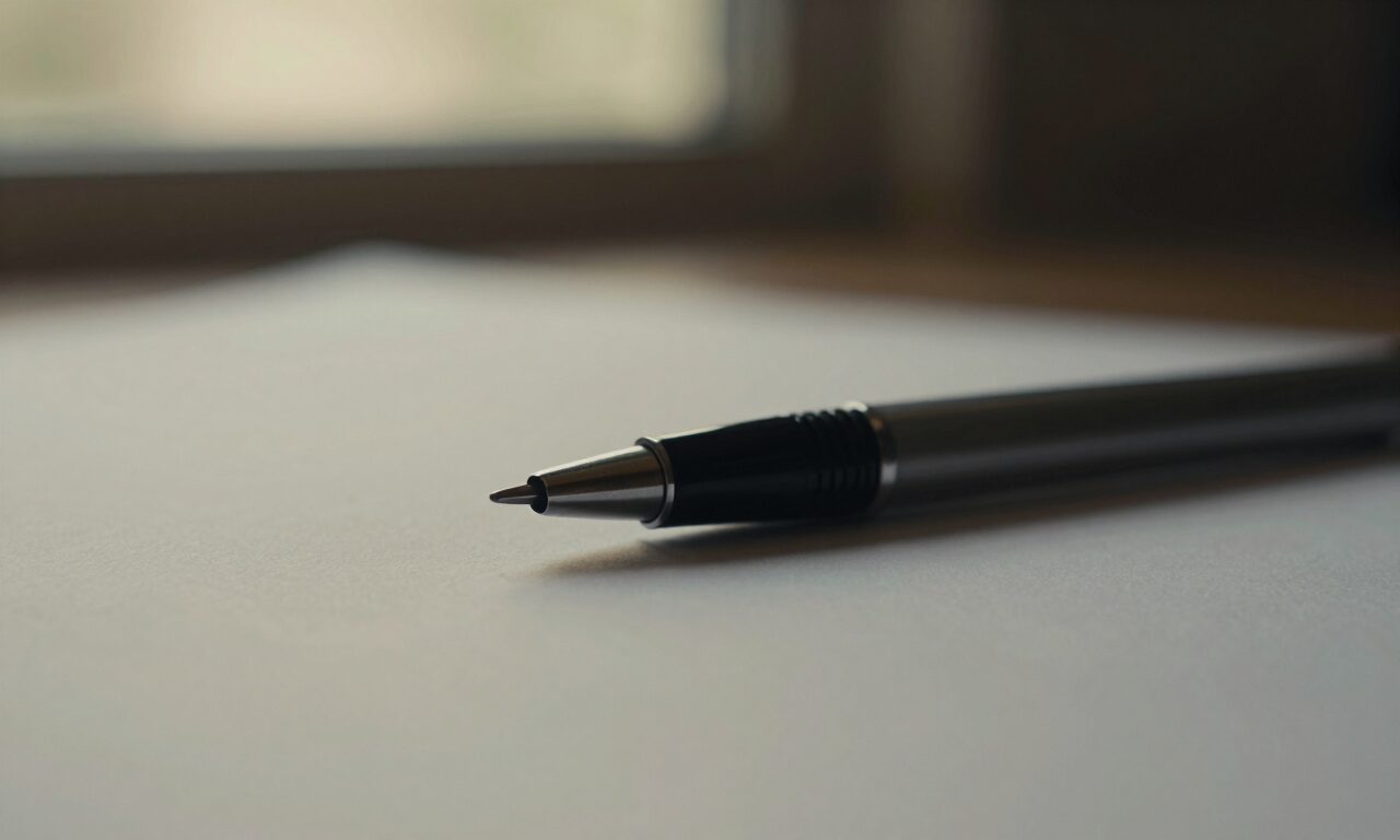 A close view of a ballpoint pen lying on a blank sheet of paper in raking light