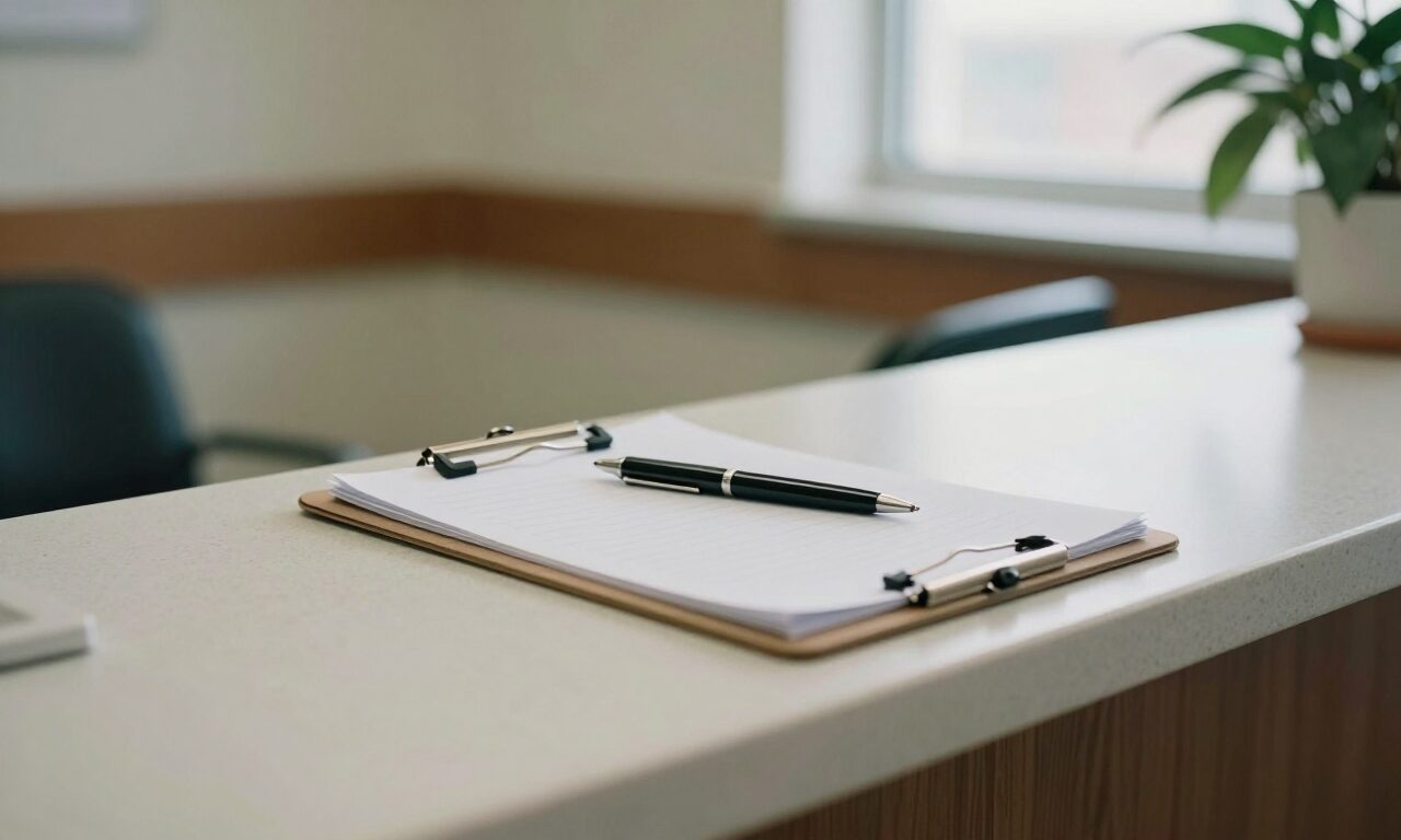 A clipboard and pen on a clinic reception counter, with the waiting area out of focus behind
