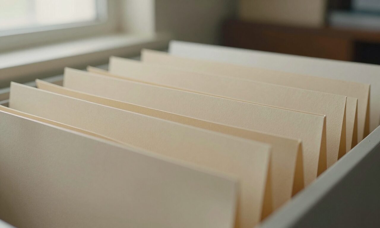 An open filing drawer with a row of manila folders standing in order