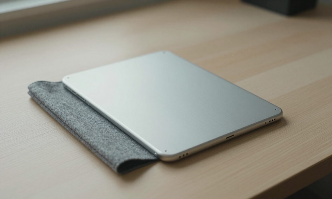 A thin tablet lying face down on a desk beside the felt sleeve it has just been slid out of