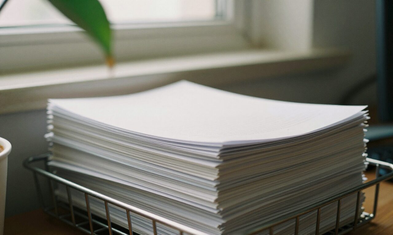 A thick stack of printed paper forms in a wire desk tray, with light falling across them