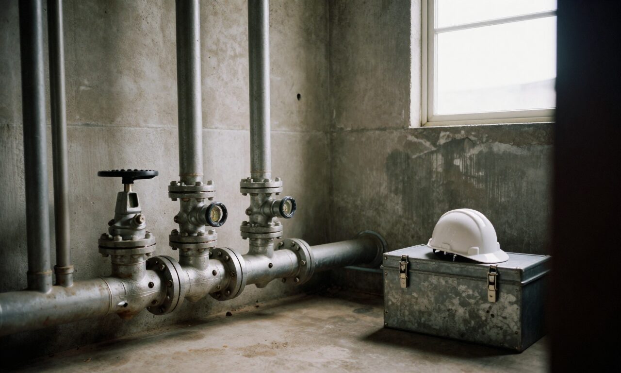 A building plant room with painted pipes along the wall and a hard hat resting on a toolbox