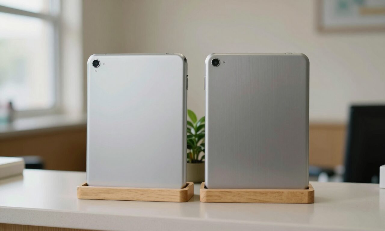 Two tablets standing side by side in wooden stands on a clinic reception counter