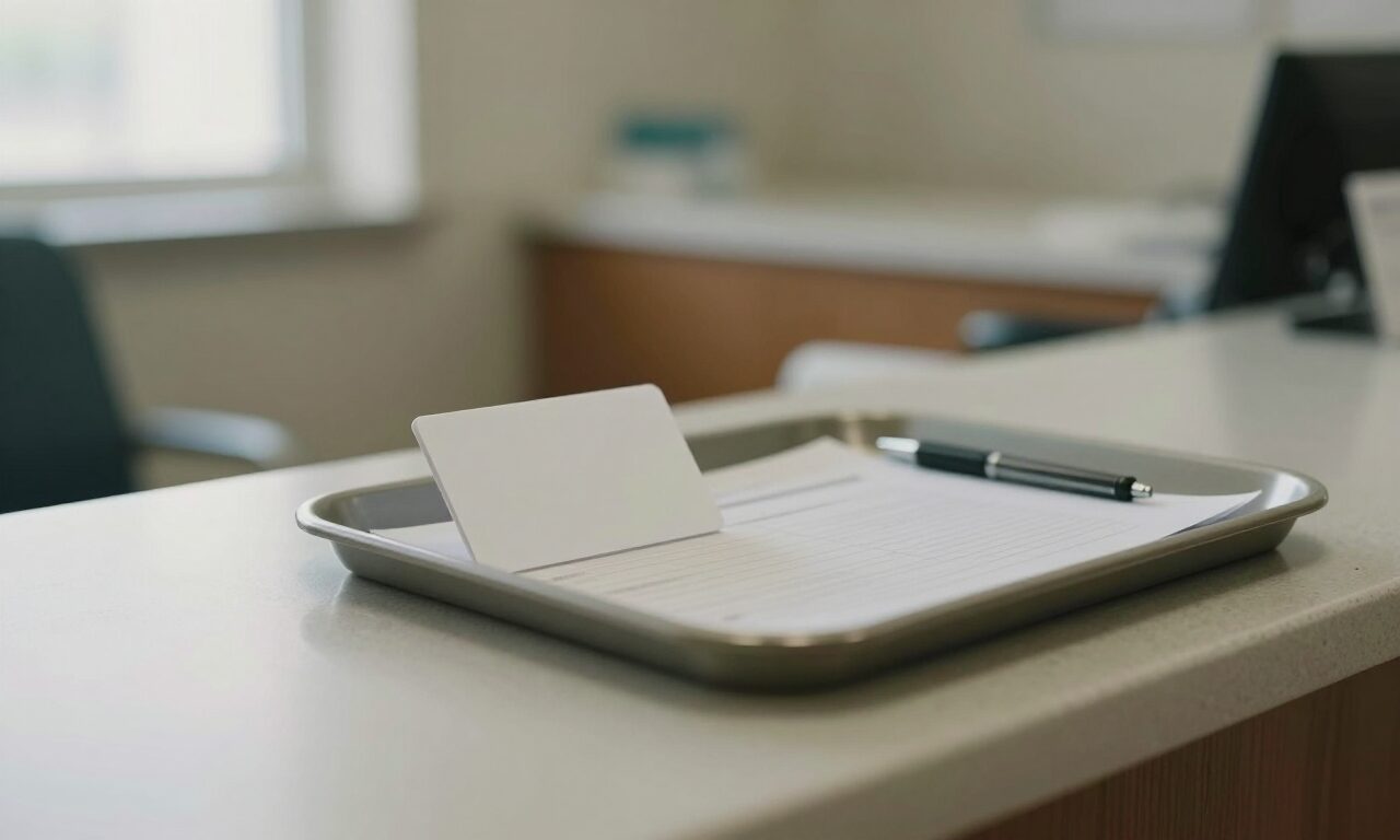 A blank plastic card and a folded document in a tray on a clinic reception counter