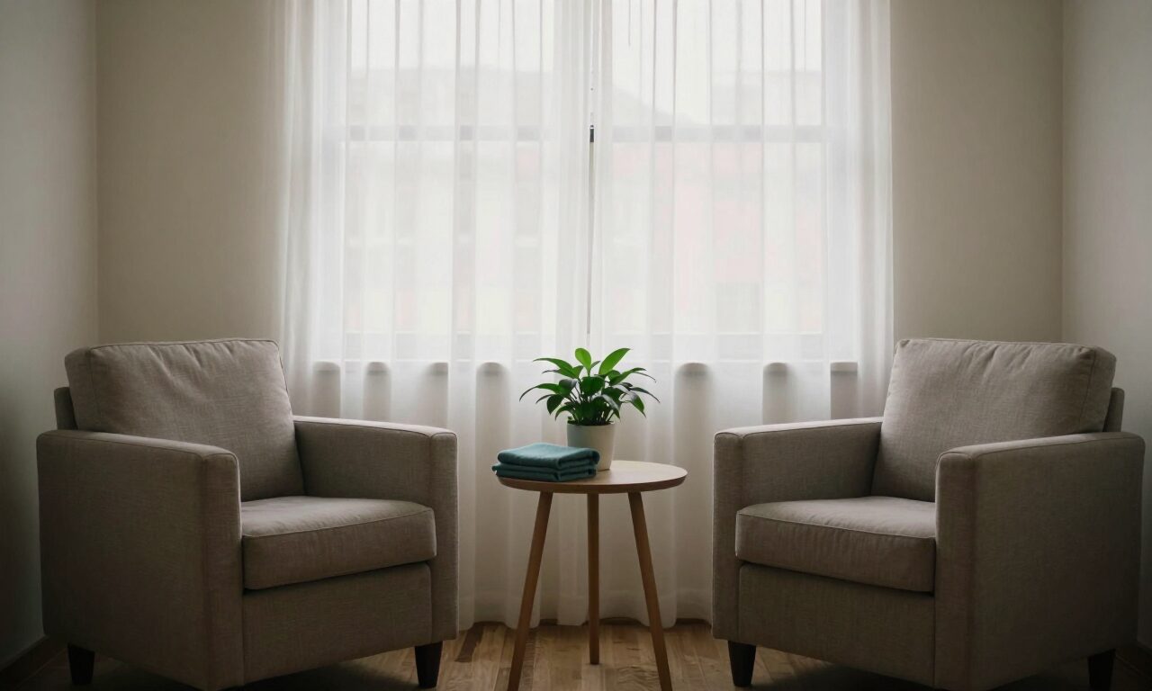 A therapy consulting room with two armchairs angled toward each other and a plant on the side table