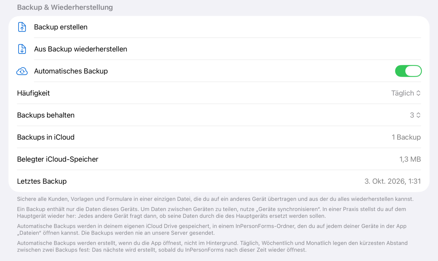 „Automatisches Backup“ eingeschaltet, mit „Häufigkeit“, „Backups behalten“ und dem letzten Backup