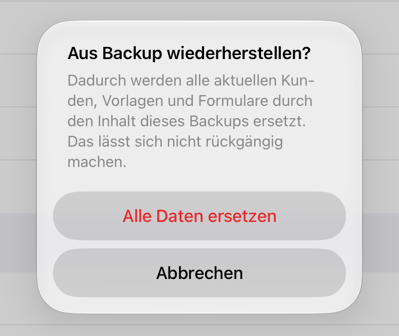 Die Bestätigung bei „Aus Backup wiederherstellen“, mit „Alle Daten ersetzen“ und „Abbrechen“