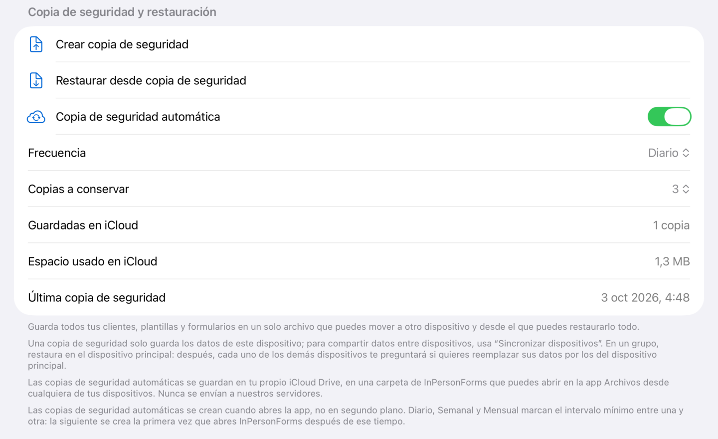 Copia de seguridad automática activada, con Frecuencia, Copias a conservar y la última copia