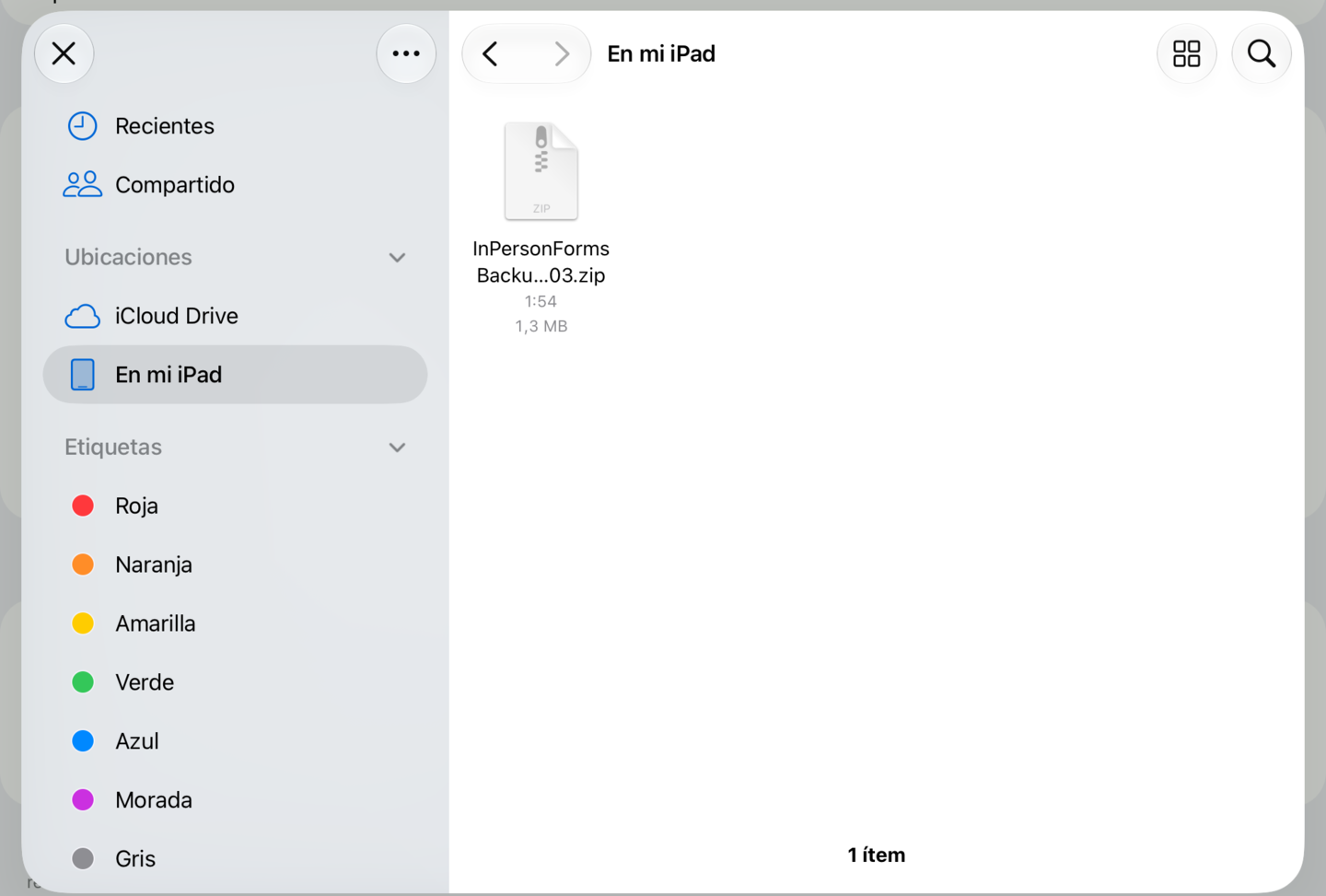 El selector de la app Archivos, con un zip de copia de seguridad guardado