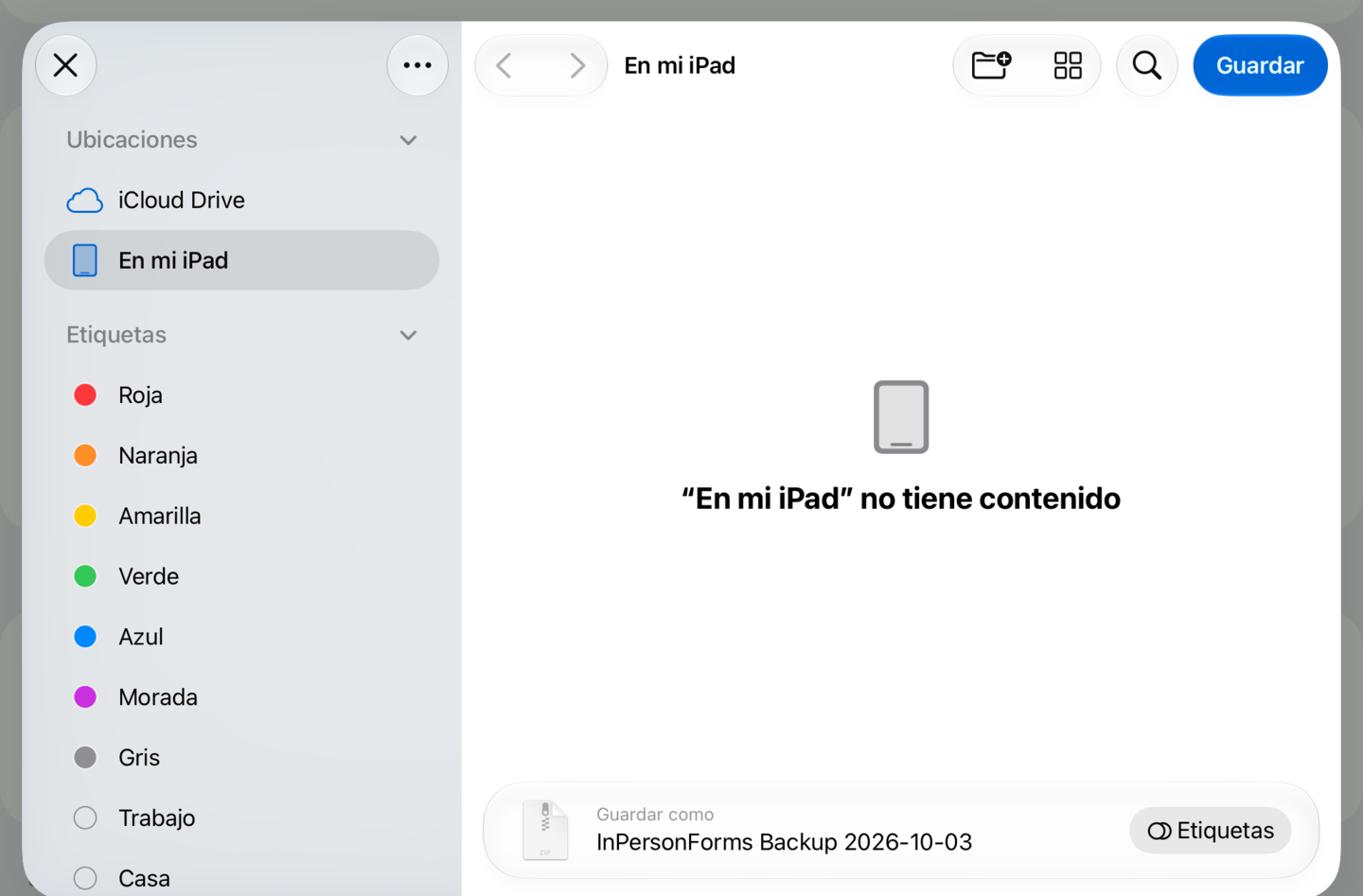 Guardar en Archivos, con la copia a punto de guardarse como InPersonForms Backup más la fecha