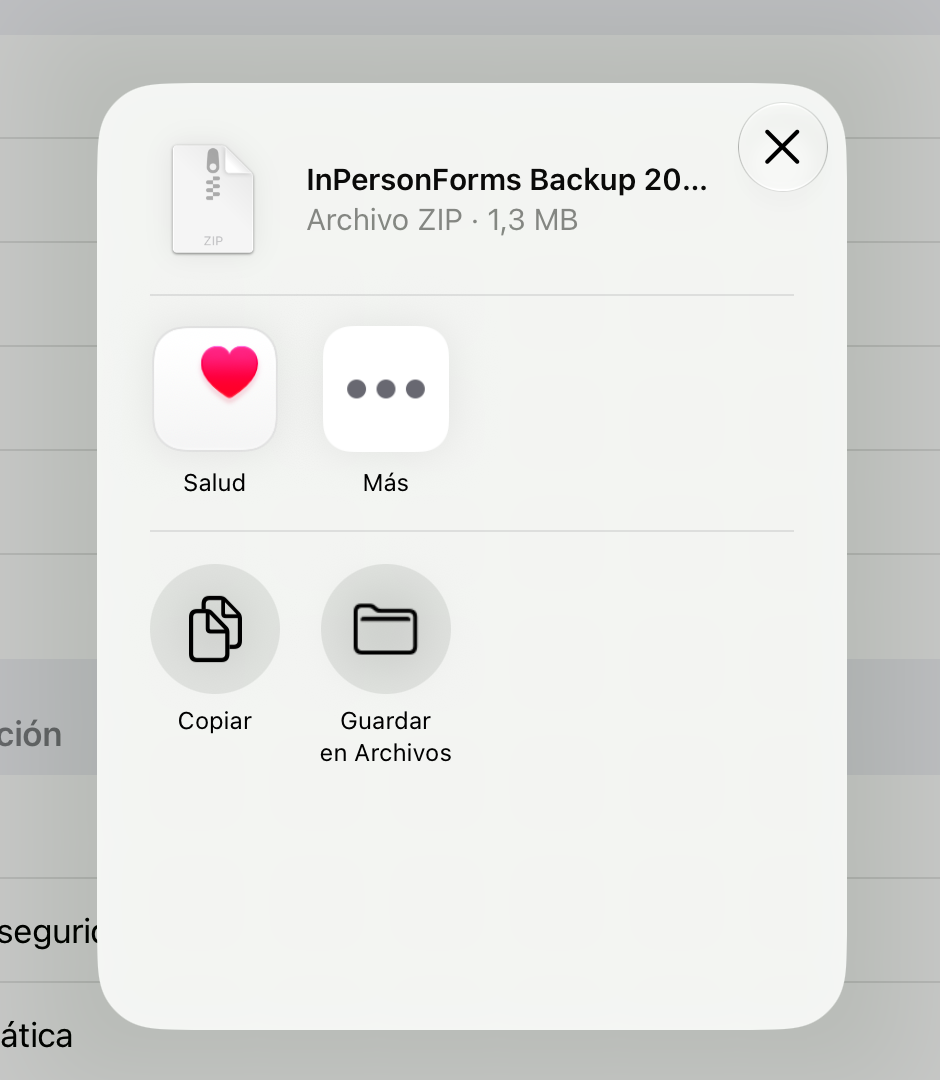 El menú para compartir tras Crear copia de seguridad, con el zip de la copia y las opciones Copiar y Guardar en Archivos