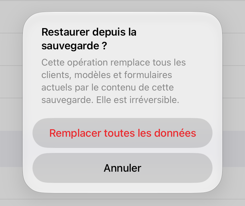 La confirmation de Restaurer depuis une sauvegarde, avec Remplacer toutes les données et Annuler