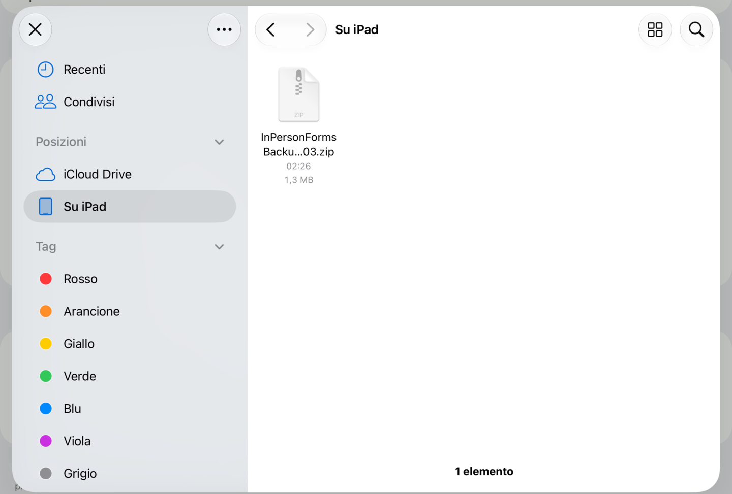 File aperto per scegliere un backup, con lo zip salvato in elenco