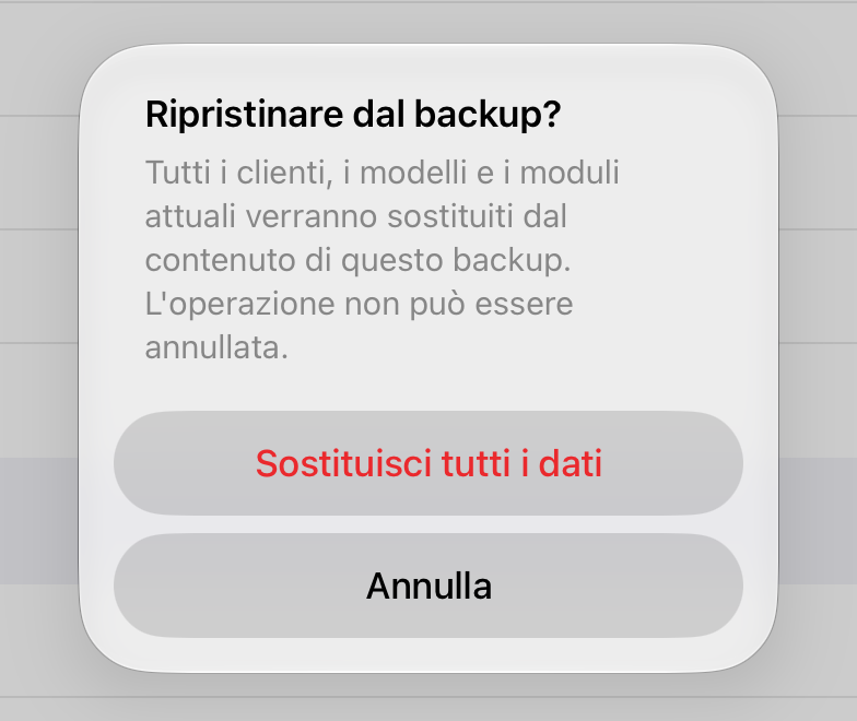 La conferma di Ripristina da backup, con Sostituisci tutti i dati e Annulla