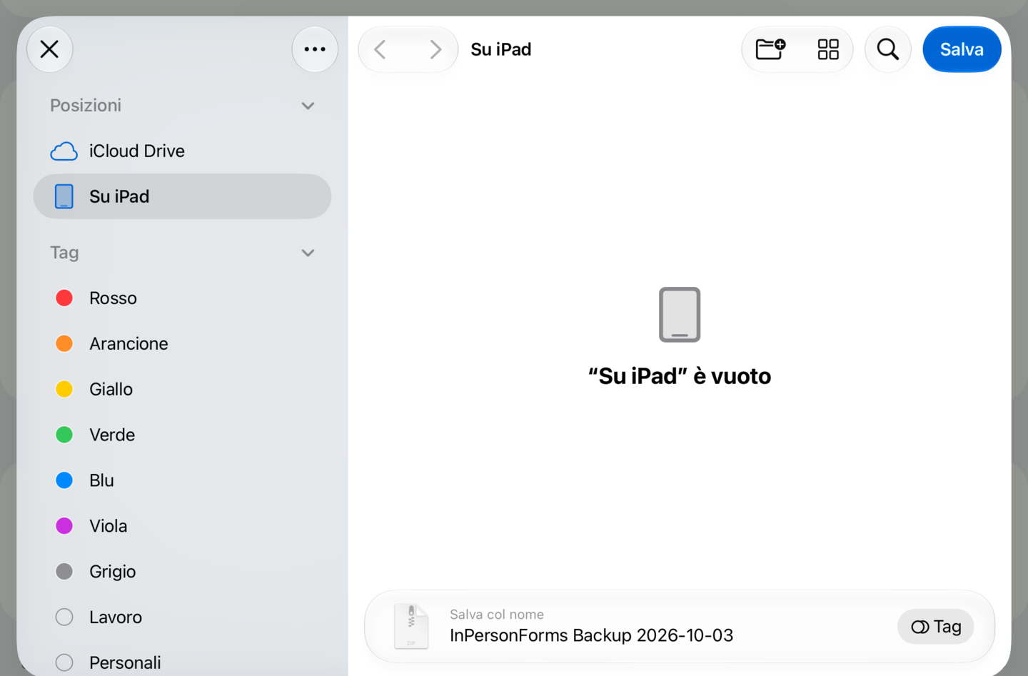 Salva su File, con il backup chiamato InPersonForms Backup seguito dalla data