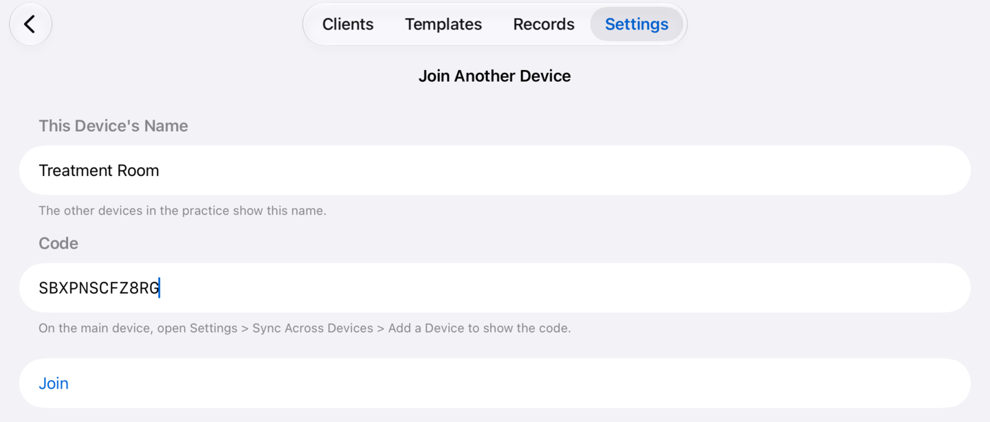 Join Another Device on the second iPad, with its name and the code typed in