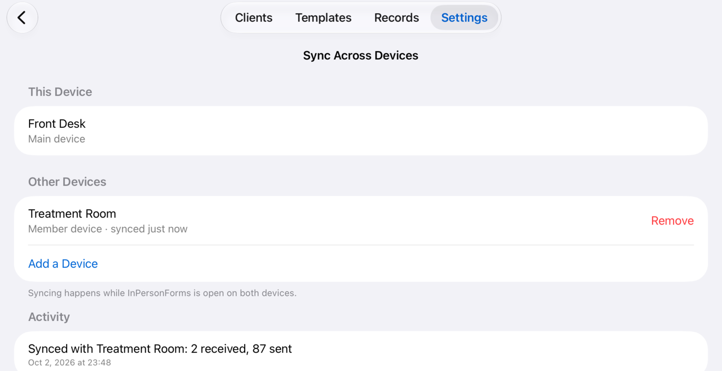 Sync Across Devices on the main device: Treatment Room synced just now, with Remove beside it and the activity list below