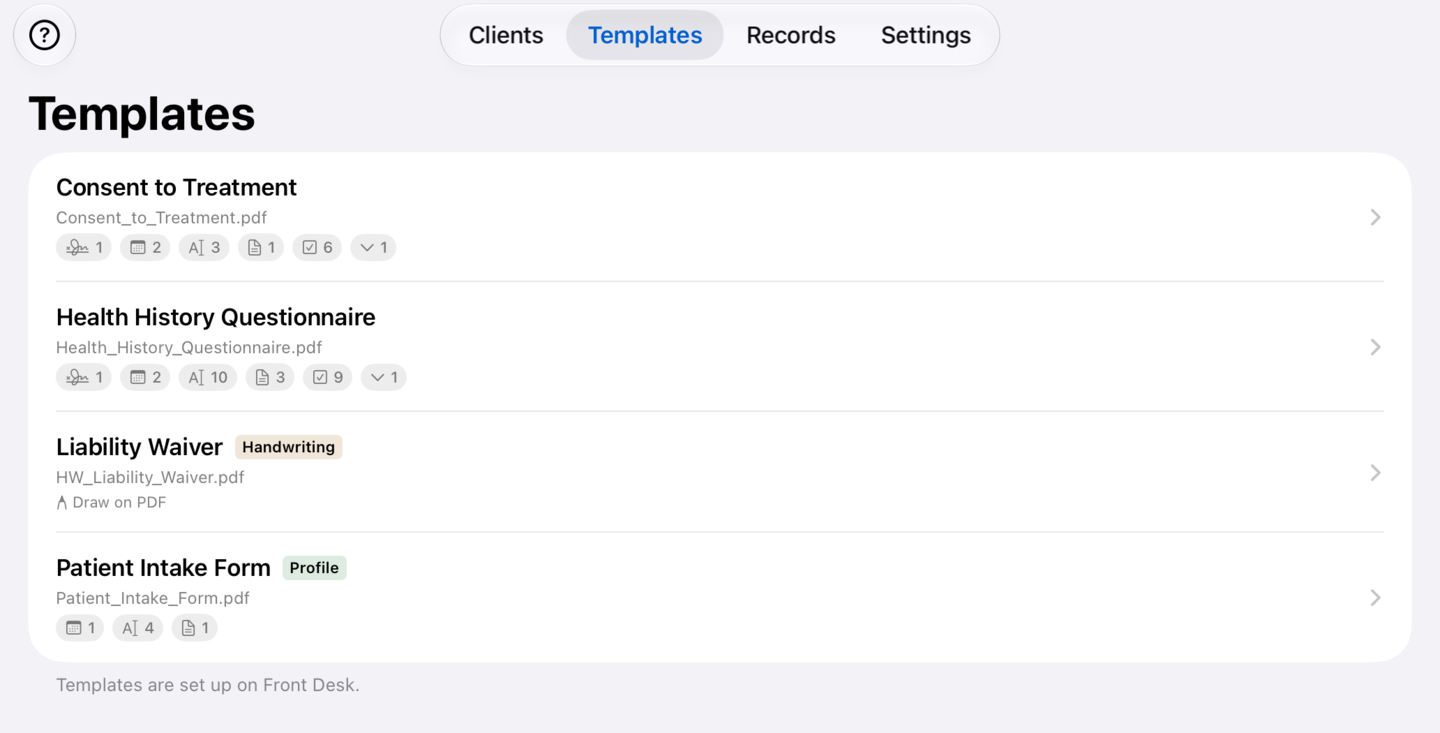 The Templates tab on a joined device, with no add button and a note that templates are set up on Front Desk