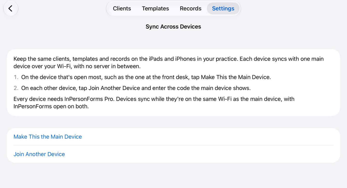 Sync Across Devices before setup, with Make This the Main Device and Join Another Device