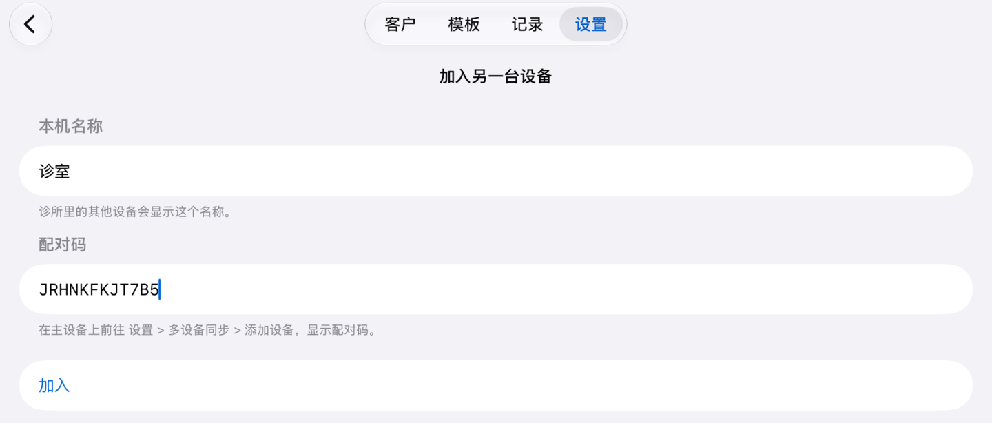 第二台 iPad 上的“加入另一台设备”页面,已填好设备名称和配对码