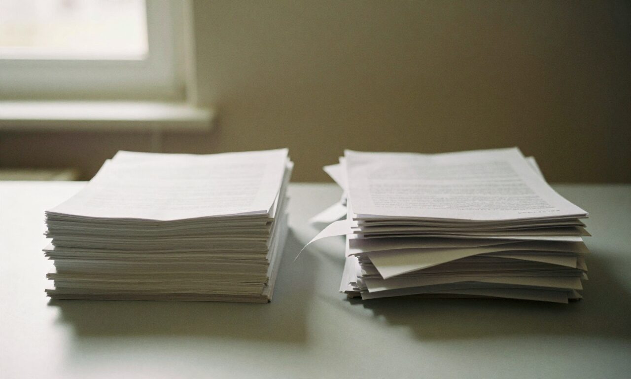One neat stack of paper and one scattered heap side by side on a desk