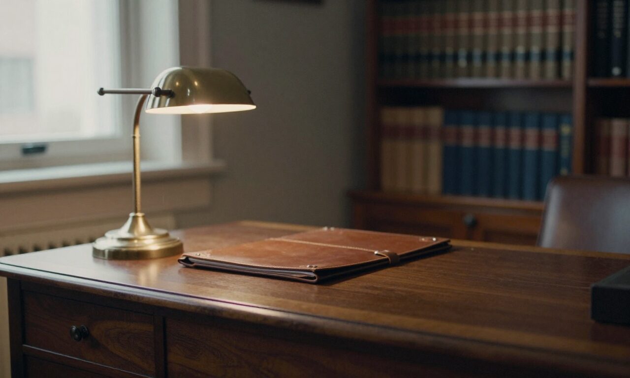 A closed leather document folder on a dark timber desk under a low brass lamp