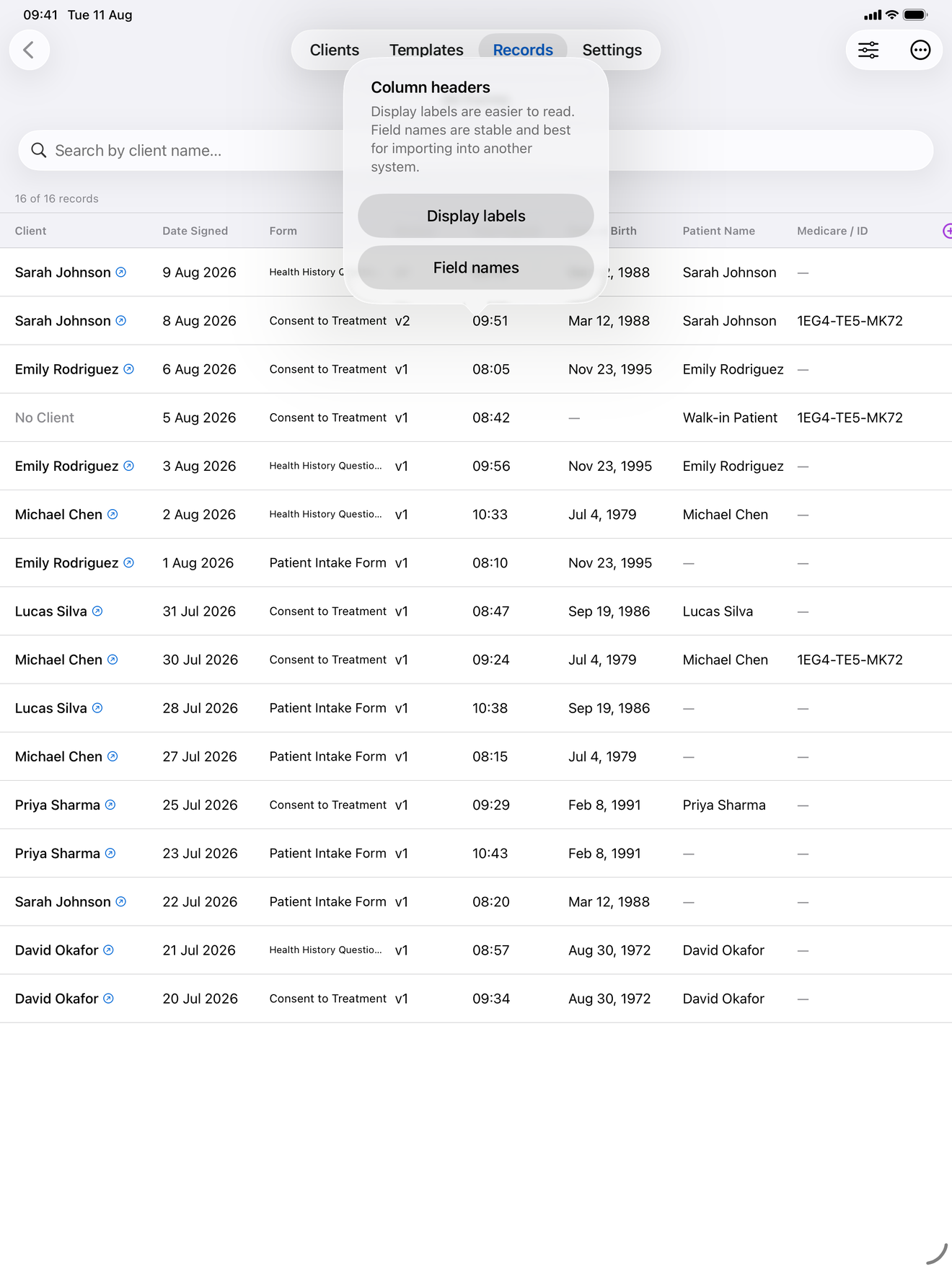 Choosing between display labels and field names for the CSV header row