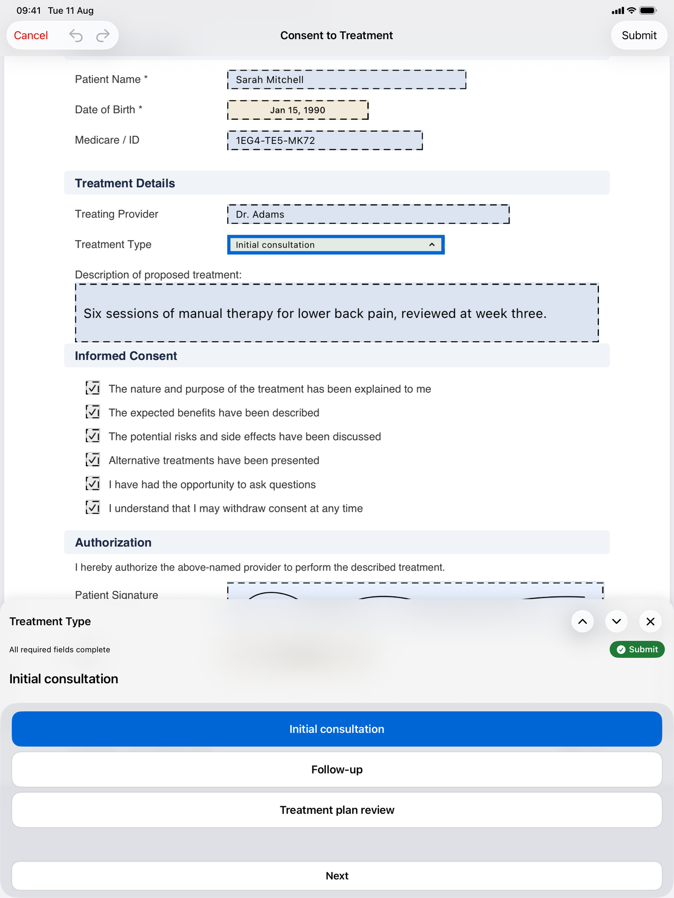 InPersonForms guided fill panel moving through a form field by field