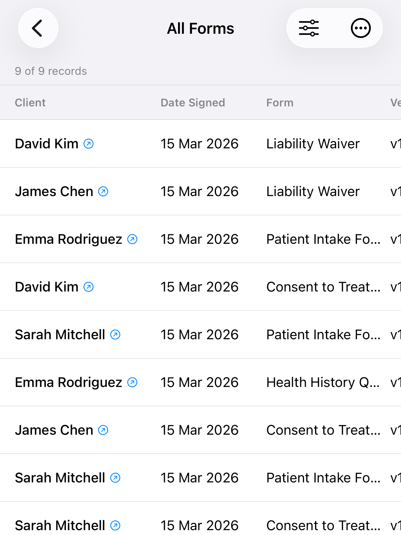 InPersonForms records tab with sorting and filtering