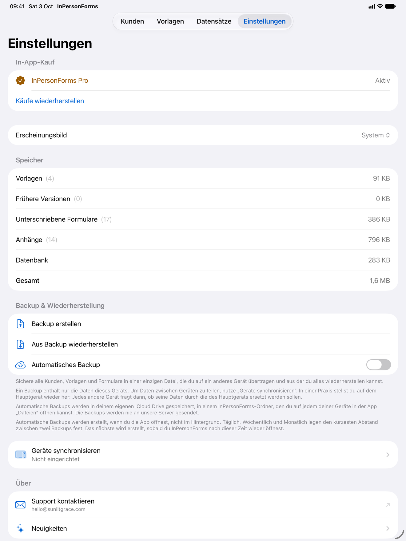 InPersonForms Einstellungen mit Backup und Wiederherstellung