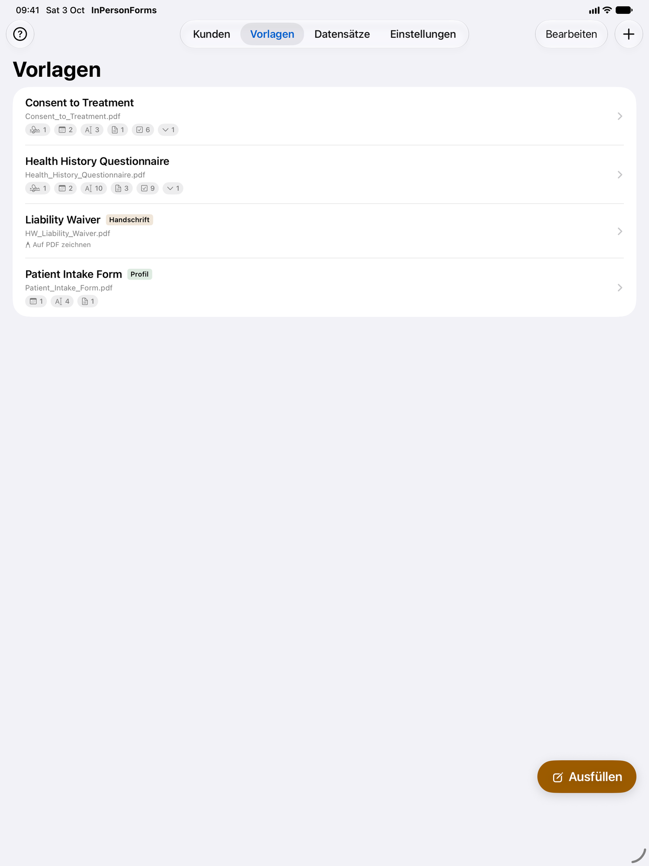 InPersonForms Vorlagen-Editor mit PDF und eingeblendeten Feldern