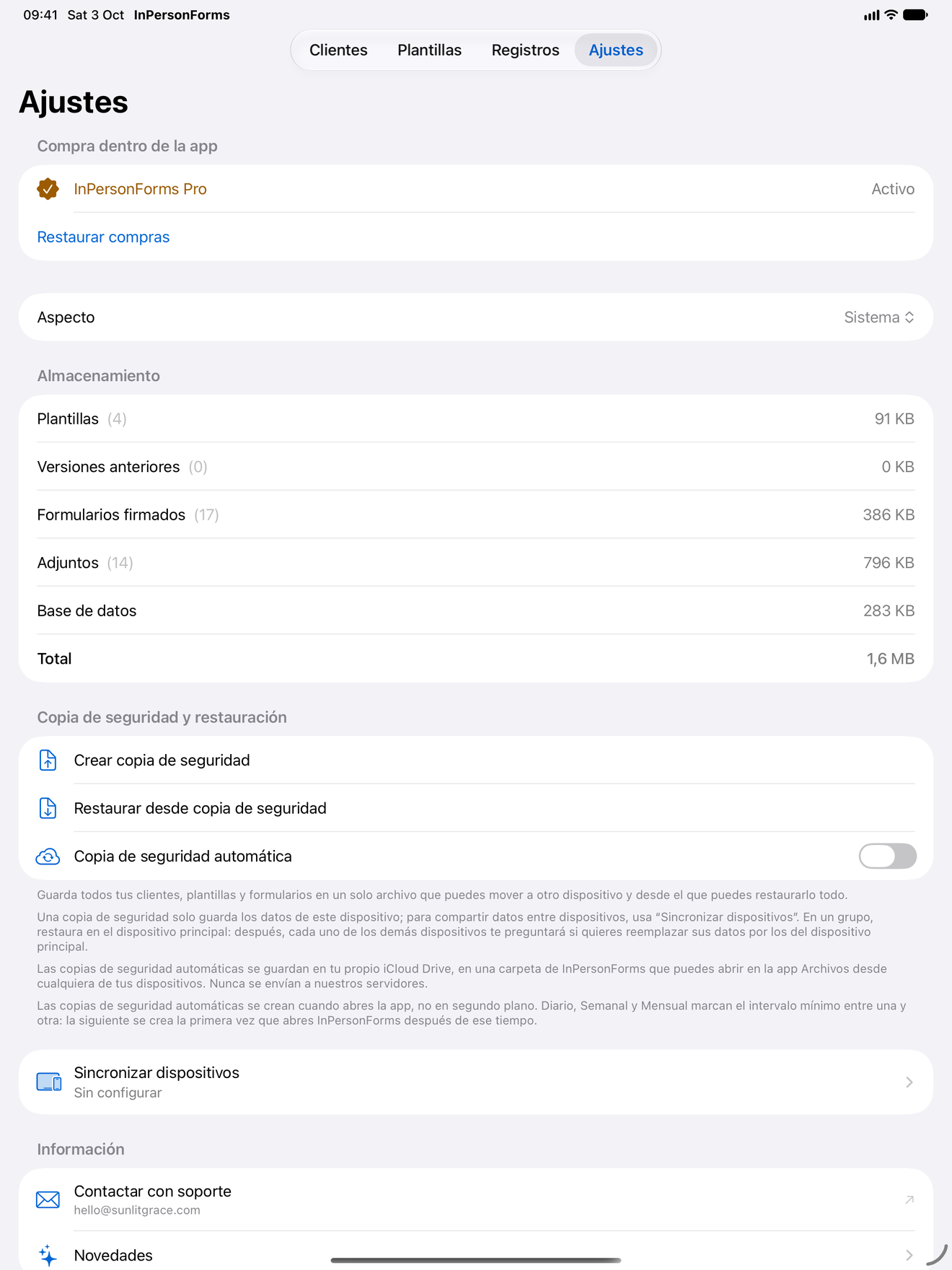 Pantalla de ajustes de InPersonForms con la copia de seguridad y la restauración