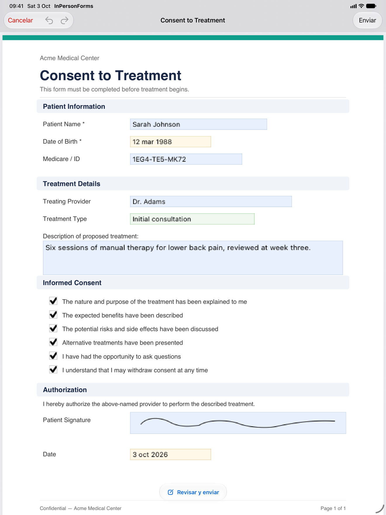 Un formulario de consentimiento rellenado y firmado en un iPad con InPersonForms