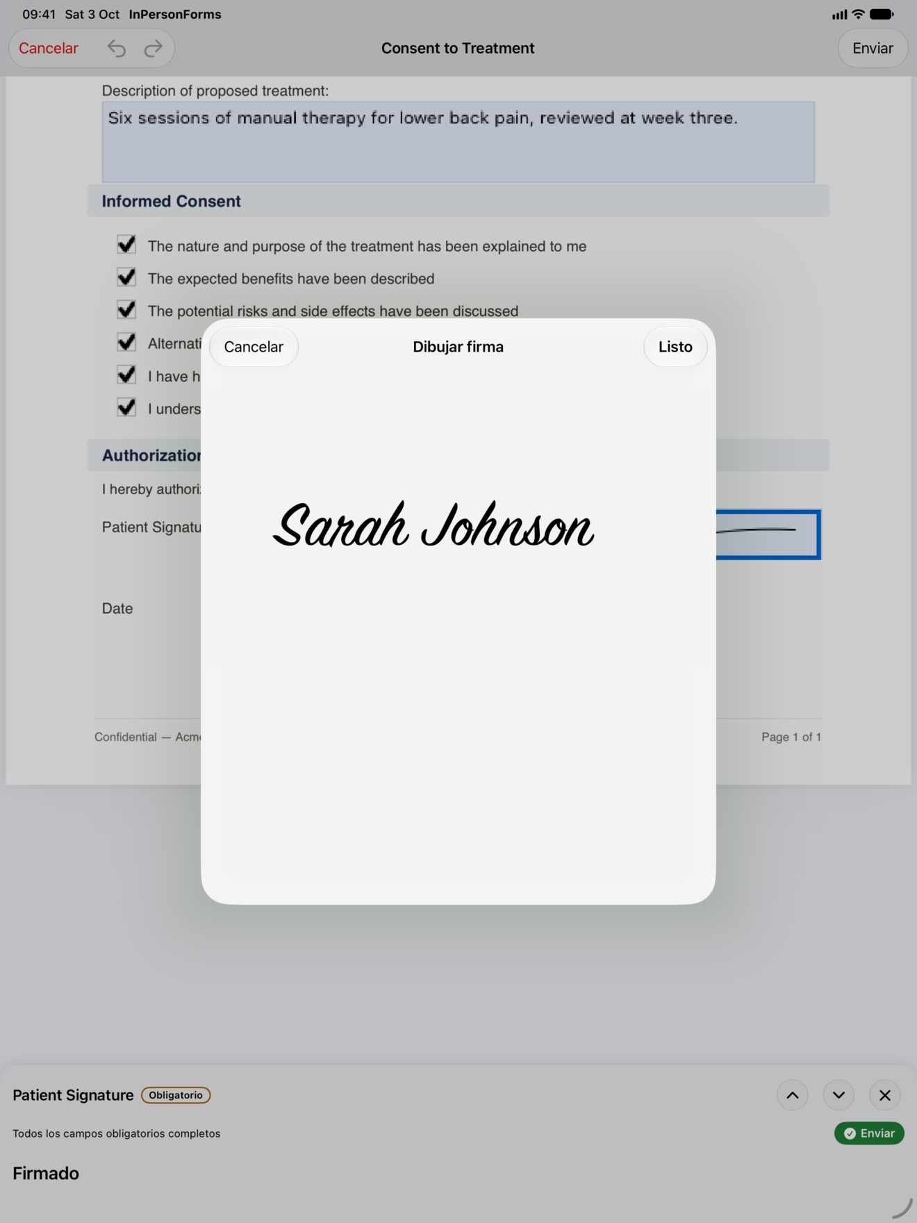 Vista de firma de InPersonForms con un cliente dibujando su firma