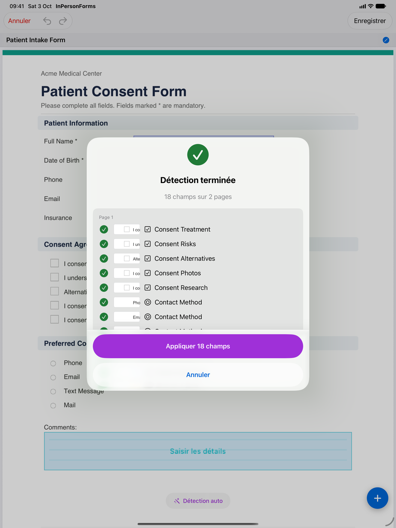 InPersonForms détectant et plaçant automatiquement les champs d’un formulaire PDF existant