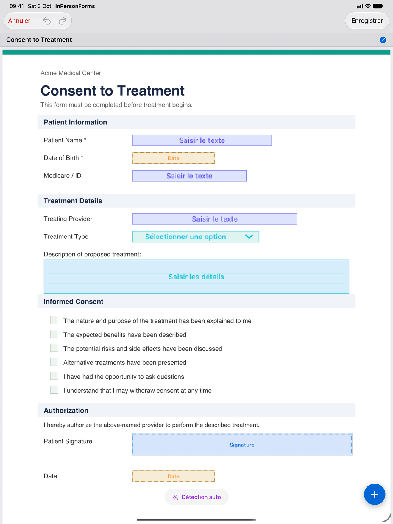 InPersonForms montrant des types de champs variés sur un formulaire PDF