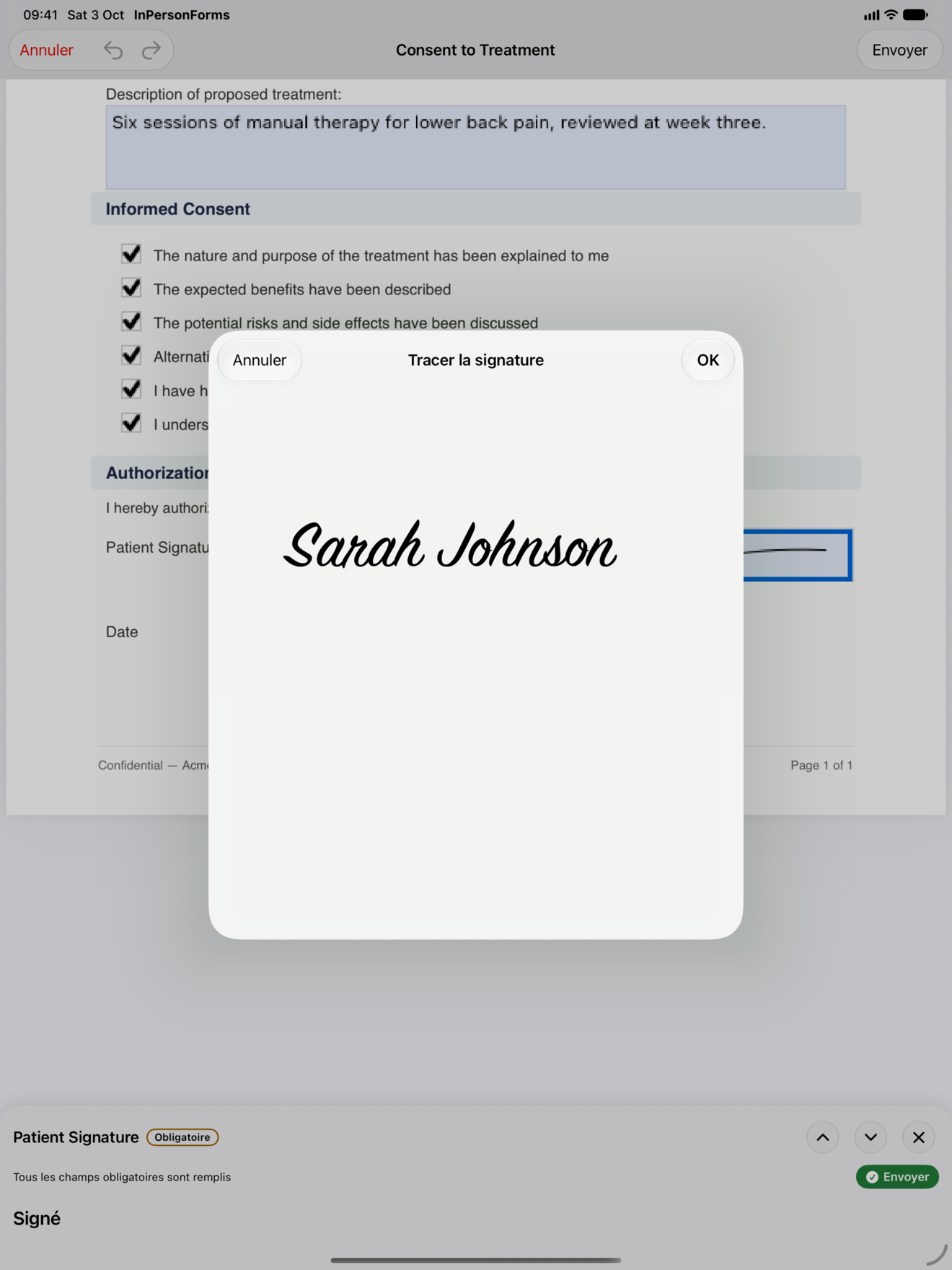 Vue de signature InPersonForms avec un client traçant sa signature