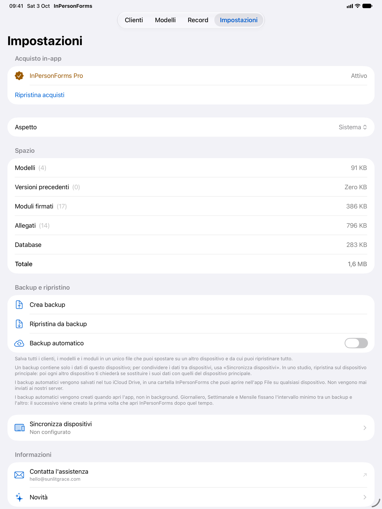 Schermata Impostazioni di InPersonForms con backup e ripristino