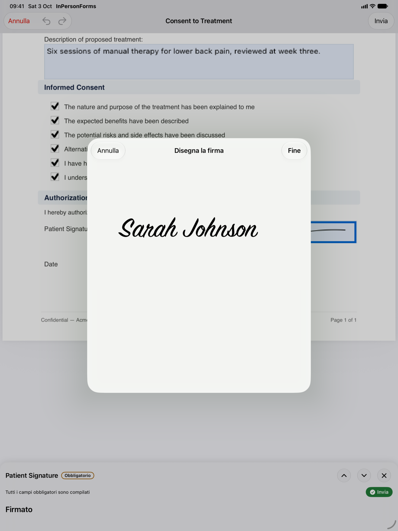 Schermata di firma di InPersonForms con il cliente che traccia la firma