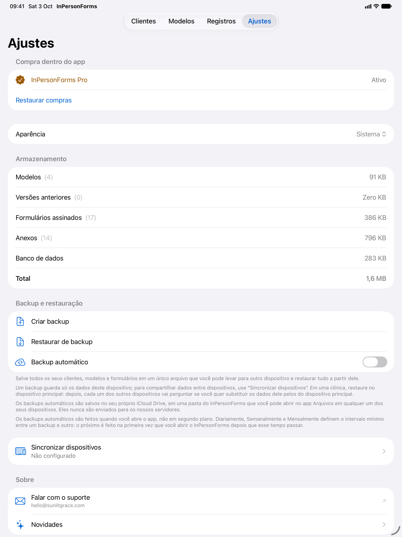 Tela de ajustes do InPersonForms mostrando backup e restauração